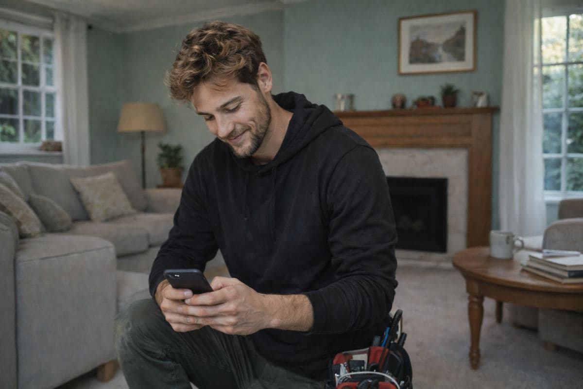 Electrician reviewing submission on phone